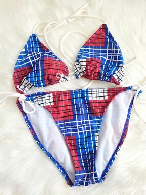 OP Red Blue White Plaid Triangle Bikini